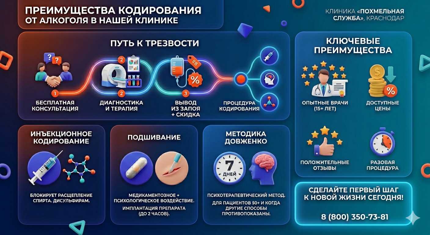 Инфографика о методах кодирования от алкоголя в Чернянке: инъекции, подшивание, метод Довженко. Преимущества клиники и этапы лечения.